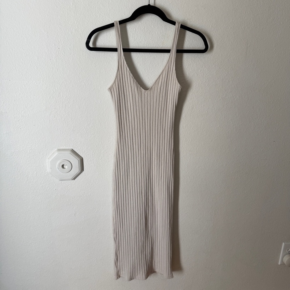 Zara Cream Ribbed Fitted Midi Dress